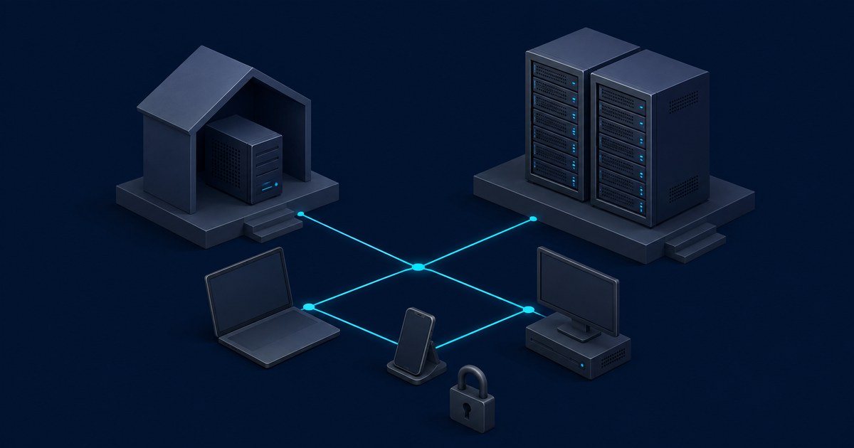 Dark isometric scene of a home server, data-center racks, laptop, desktop, phone, and padlock joined by cyan private-network links.