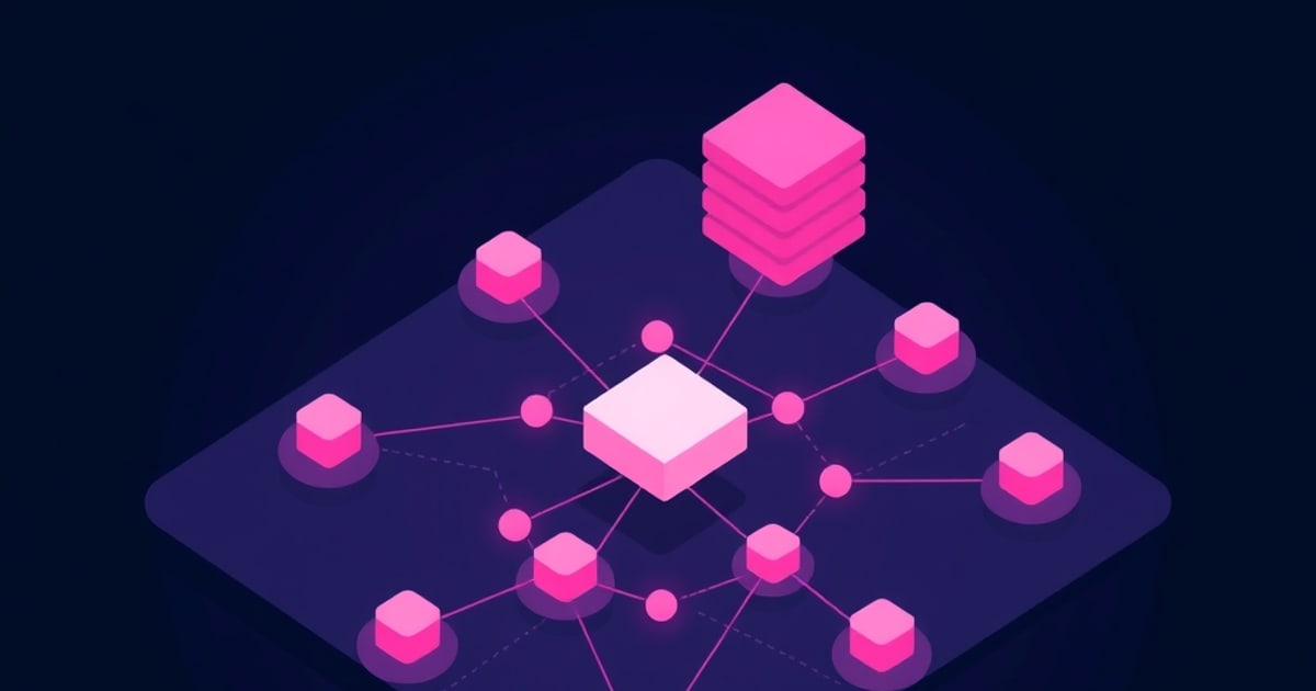 Isometric white cube linked by glowing lines to pink cubes ringing a diamond platform below a stacked node, representing a mesh VPN coordination plane
