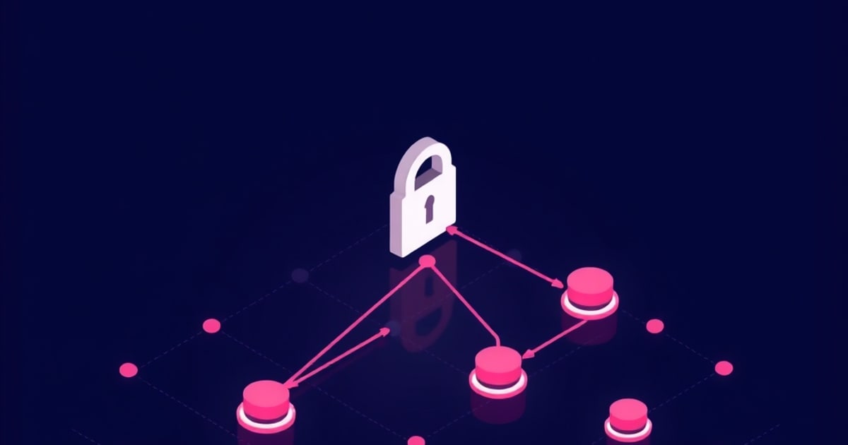 Isometric white padlock above a dark grid of glowing pink network nodes linked by arrows, depicting access control rules between devices on a private network.