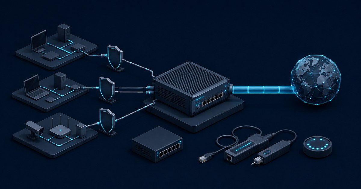 Dark isometric network scene with three shielded LANs linked to a central router, Ethernet adapters, and a glowing internet globe.