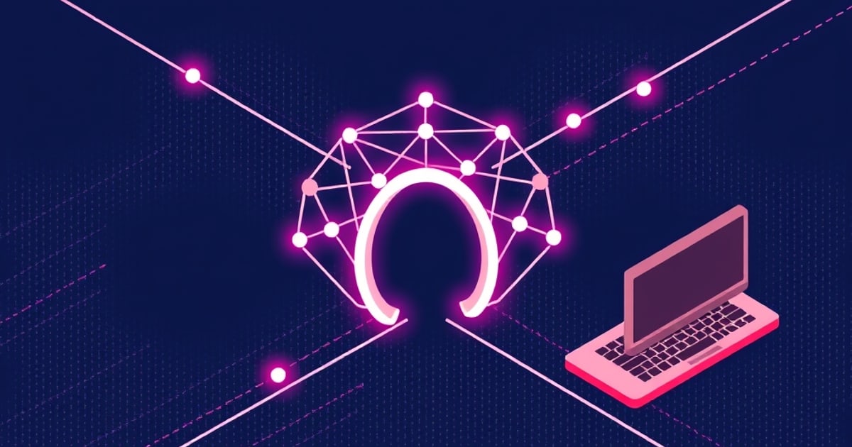 Flat isometric illustration of a glowing pink node mesh arching over a horseshoe shape, with dashed link lines crossing toward a pink laptop at lower right.