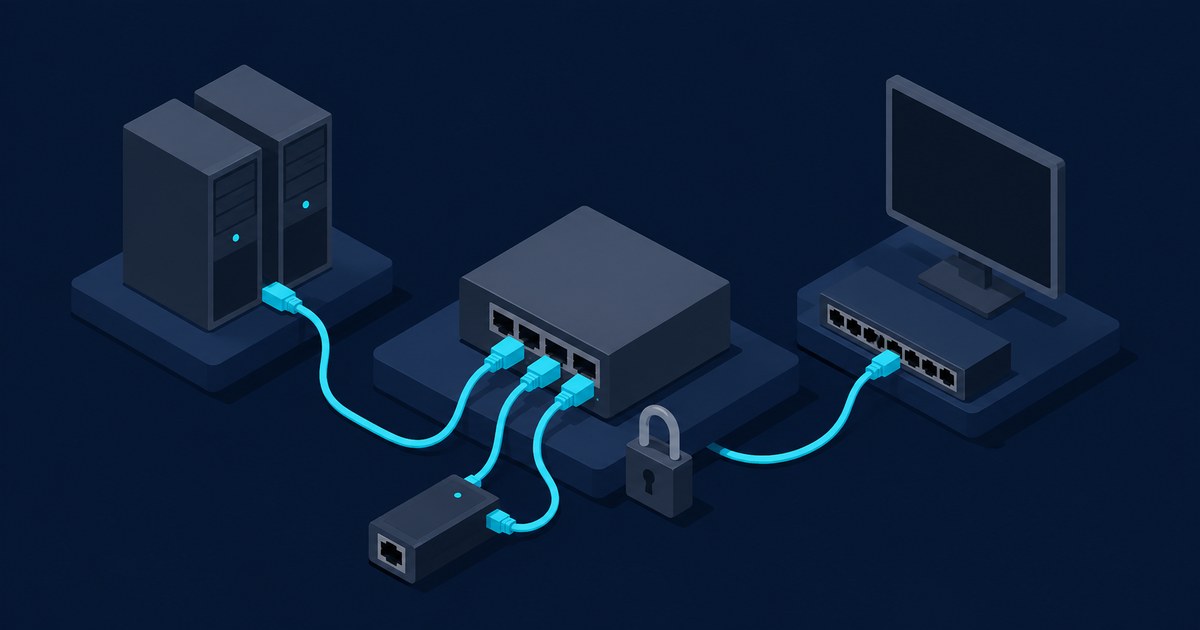 Isometric subnet routing setup with servers, a central router, network adapter, switch and monitor linked by cyan cables beside a padlock.