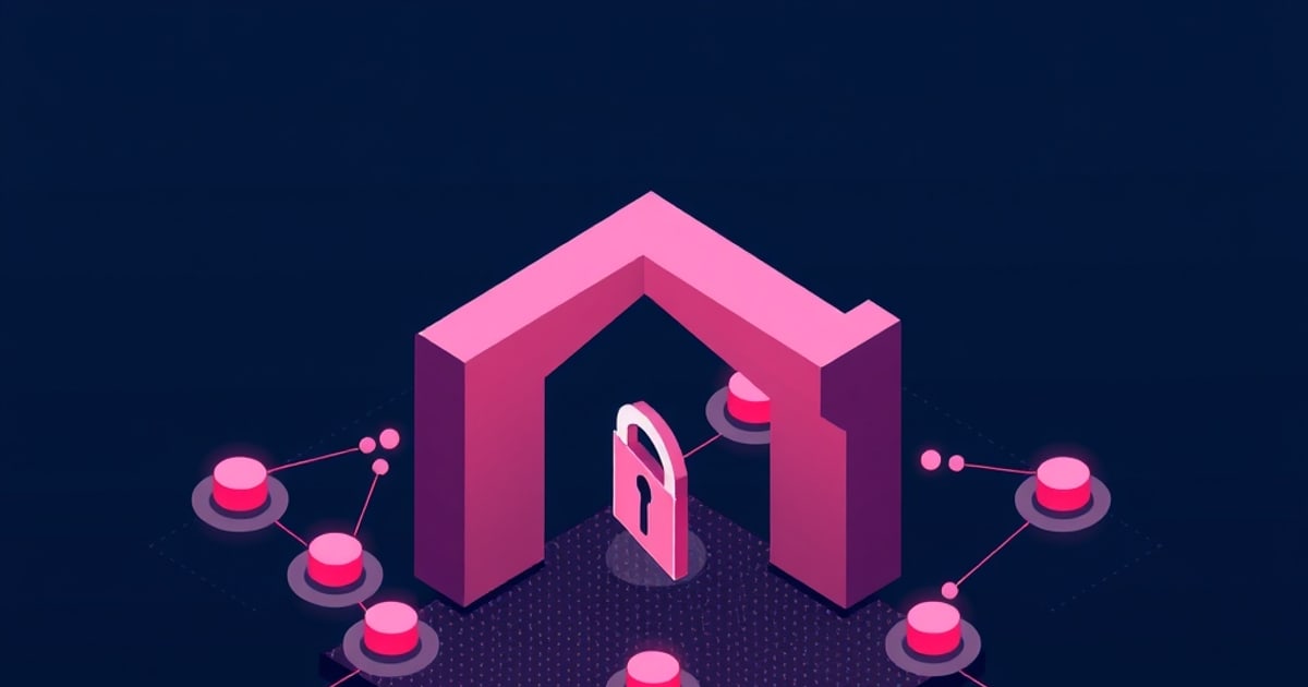 Flat isometric illustration of a pink archway with a padlock standing beneath it, ringed by glowing pink node pucks joined by thin connecting lines.