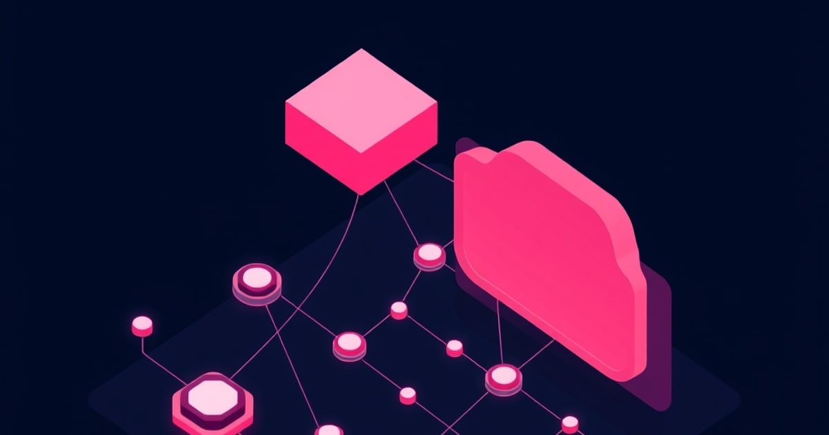 Flat isometric illustration of a pink cube and a pink cloud shape linked by thin lines to a scatter of glowing pink nodes and a hexagon on dark navy.